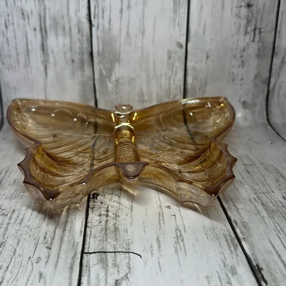 Jeanette Glass Dish Vintage Butterfly Amber Nut Candy Relish Divided Collectible